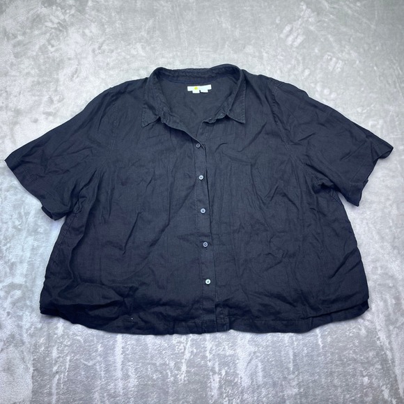 Black Linen Button Down Short Sleeve Blouse Shirt Top Size US 16/18 Boho Preppy - Picture 1 of 8